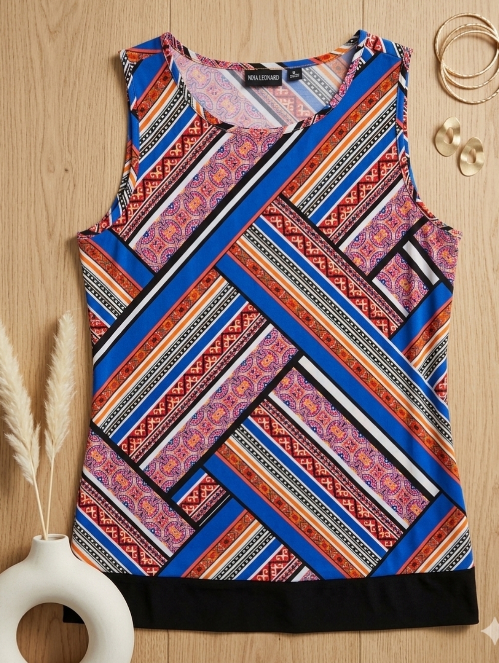 Nina Leonard XL Geometric Tunic Tank Top Aztec Pattern Block Hem Festival‎ Bold